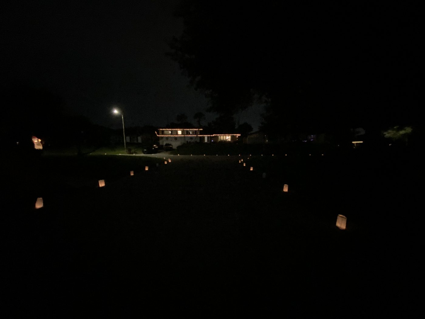 Wide view of luminaries lining the street at night